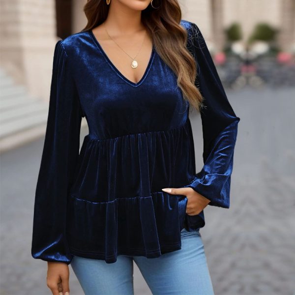 Velvet Elegance: Autumn Solid Color Women's Clothing Top