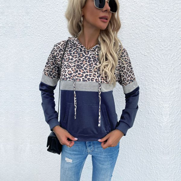 Hoodie Leopard Print Sweater with Pocket and Drawstrings