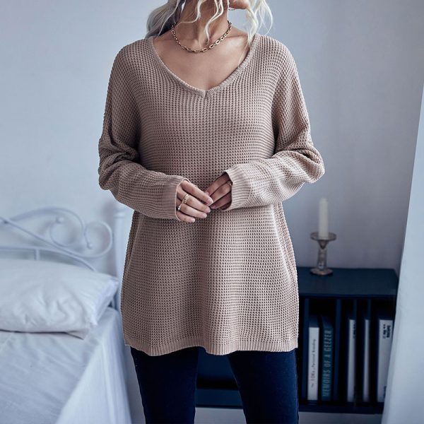 Early Autumn Casual Women's V-neck Knitwear: Loose Long Sleeve Solid Color Sweater