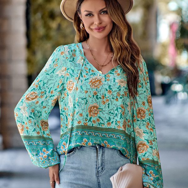 Printed V-Neck Loose Long Sleeve Top