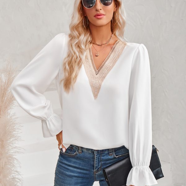 V-Neck Lace Ruffle Sleeve Top - Winter Chic