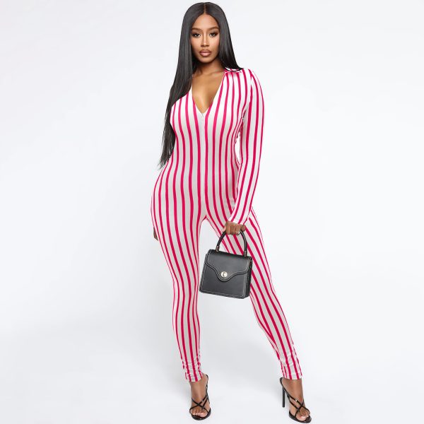 Striped V-neck Long Sleeve Jumpsuit - Fall/Winter