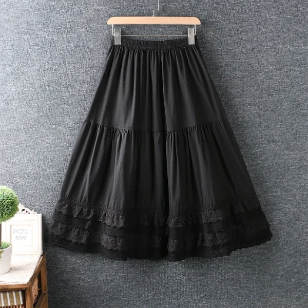 Summer-New-Female-Literary-Elastic-Waist-Embroidery-Lace-Pure-Color-Cotton-And-Linen-Skirt-1