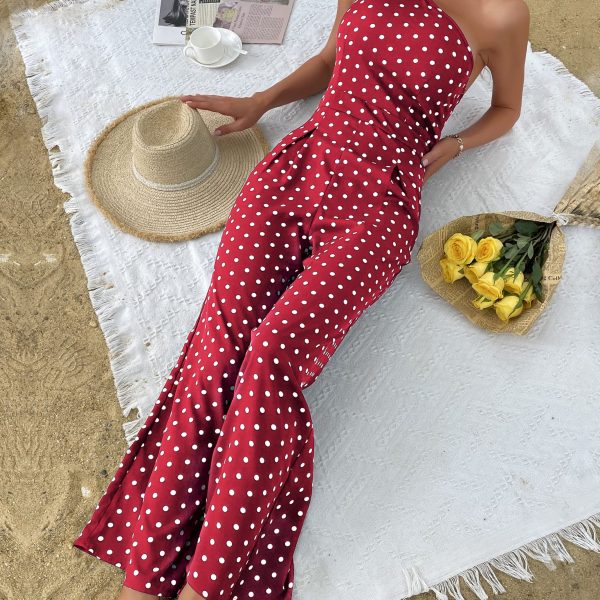 Summer Polka Dot Wide-Leg Jumpsuit with One Shoulder for Women