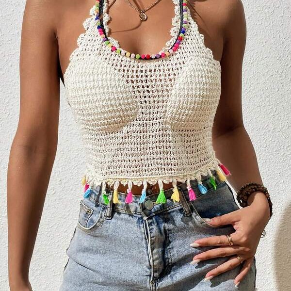 Summer Crocheted Openwork Sling Top with Tassel