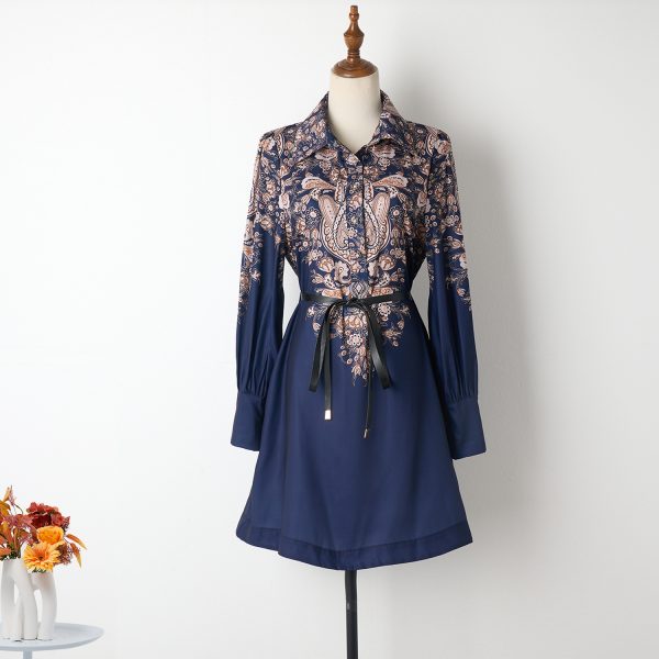 Navy Blue Lantern Sleeve Printed Dress with Lapel and Lace-Up Detail