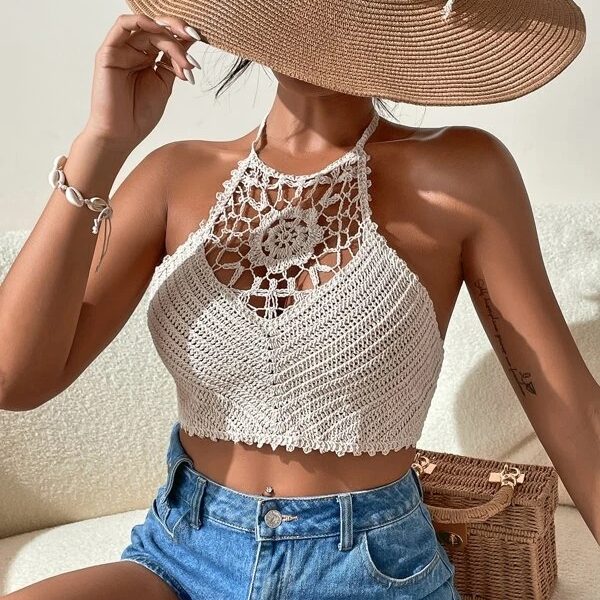 Crocheted Cutout Rear Strap Top: Stylish Design