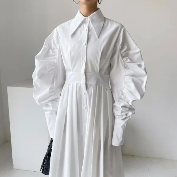 2022-Korean-Style-Women-Spring-Long-Shirt-Dress-with-Belt-Loose-Lantern-Sleeve-Oversized-Casual-Pleated-1