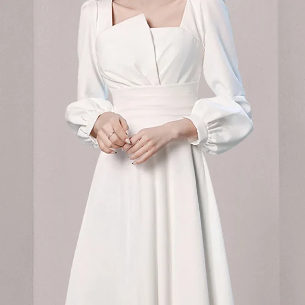 White Eco-Friendly Evening Dress: Elegant, Long Sleeve, A-line Mid