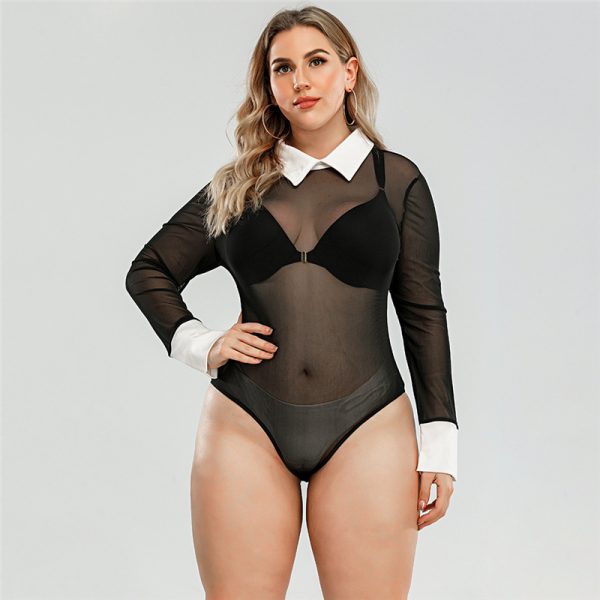 Plus Size Long Sleeve Mesh Jumpsuit