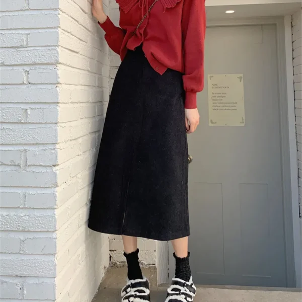 Korean-Style-High-Waist-Corduroy-Long-Skirt-Women-Spring-Autumn-Loose-Solid-Color-Split-A-line-1