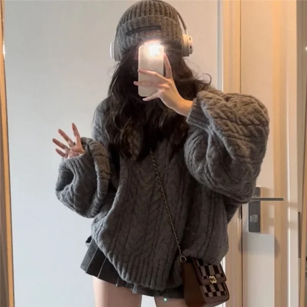 New-Retro-Solid-Color-Oversized-Sweater-Fashion-Grey-Loose-V-Neck-Sweater-Women-Korean-Style-Casual-1