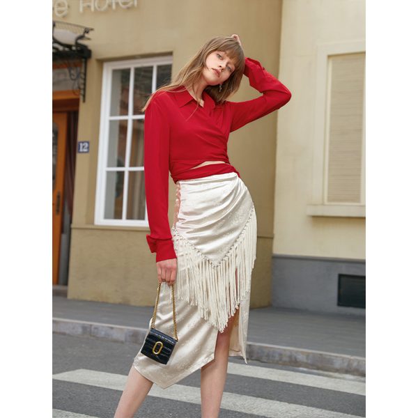 Dark Pattern Tassel Split Skirt