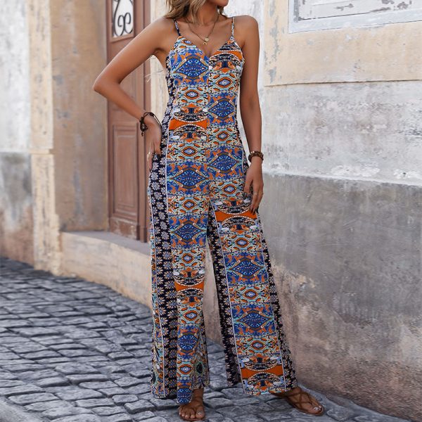 Summer Ethnic Print Backless Wide-Leg Women's Strap Jumpsuit