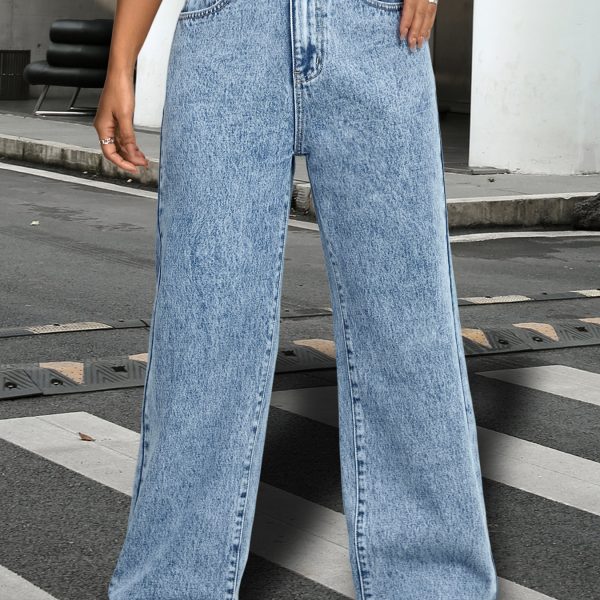 Women's Basic Straight Leg Denim Trousers: Beltless Design