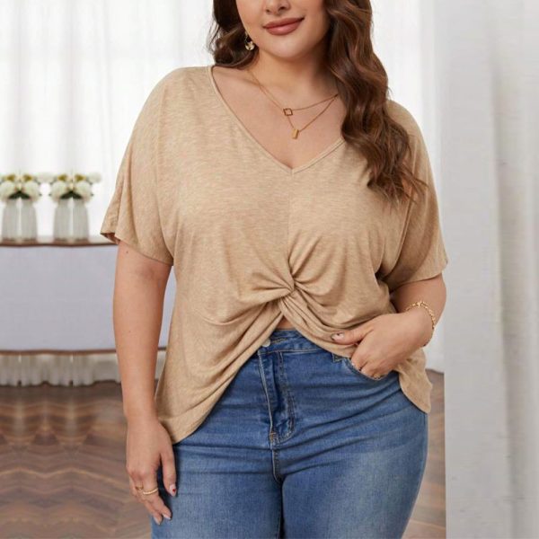 Plus Size Loose Casual V Neck Short Sleeve Knitted T-Shirt