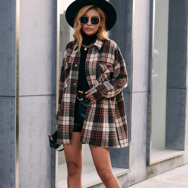 Casual Plaid Single-Breasted Collared Mid-Length Trench Coat Shacket