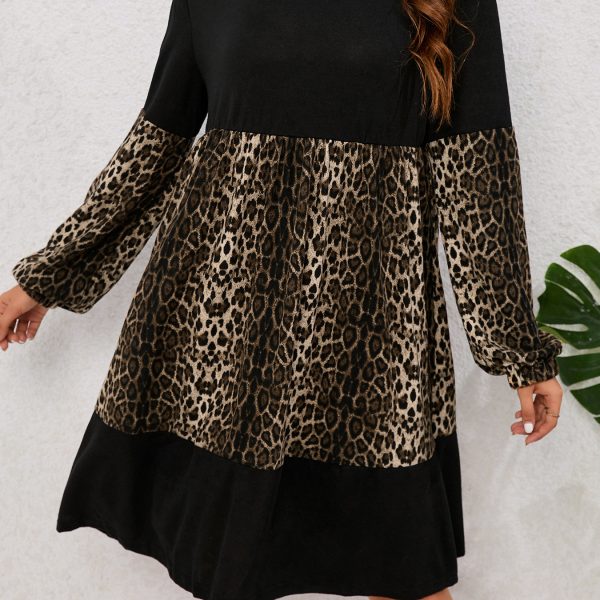 Leopard Splicing Long Sleeve Women's Dress