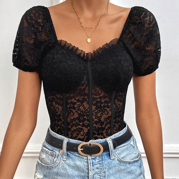 Sexy Lace Jumpsuit with Puff Short Sleeves and Collar Top Stitching