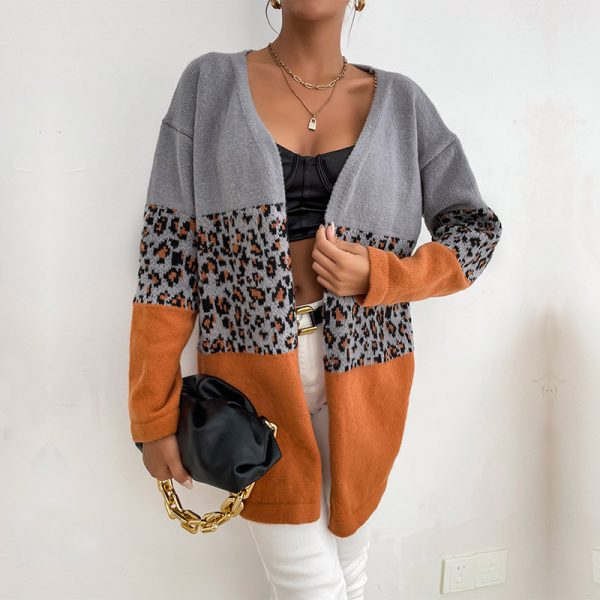 Leopard Print Contrast Color Long Sleeve Cardigan Sweater