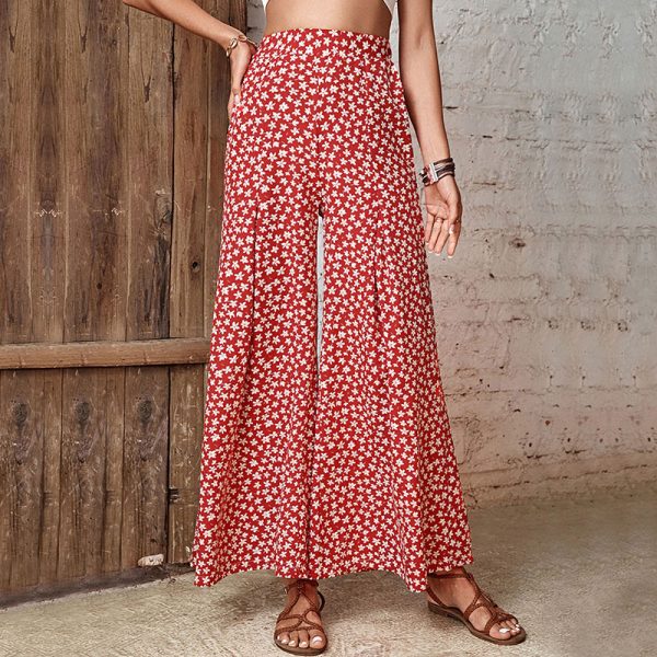 Red High-Waisted Floral Horn Wide-Leg Pants for Women