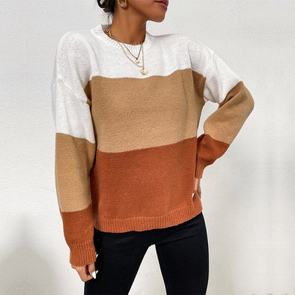 Casual Loose Color Matching Long Sleeve Pullover for Women