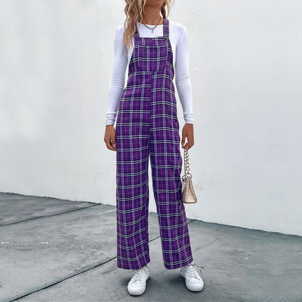 Plaid Spaghetti Straps Women's Casual Jumpsuit with Pants