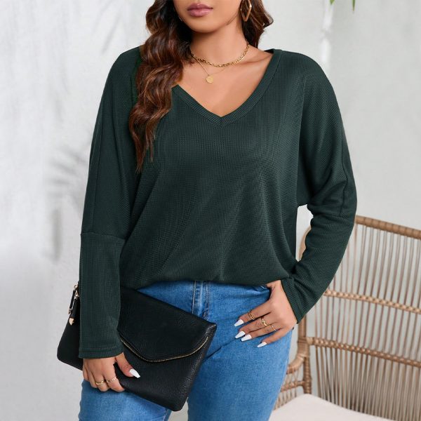 Plus Size Loose Casual V Neck Waffle Long Sleeve T-Shirt