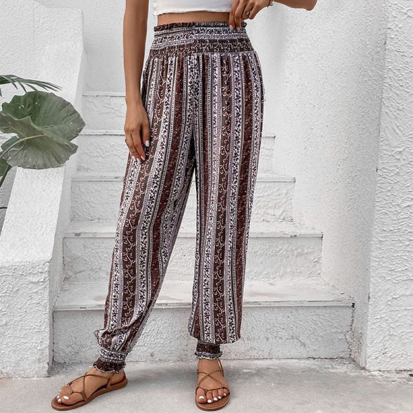 Summer National Print Smocking High Waist Pants