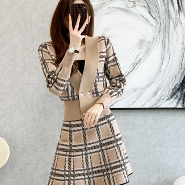 Plaid V-Neck Cardigan & Skirt Set