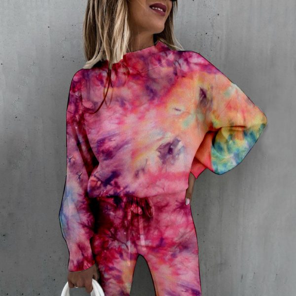 Spring New Women Tie-Dyed Print High-Collar Long-Sleeve Fashion Casual Set