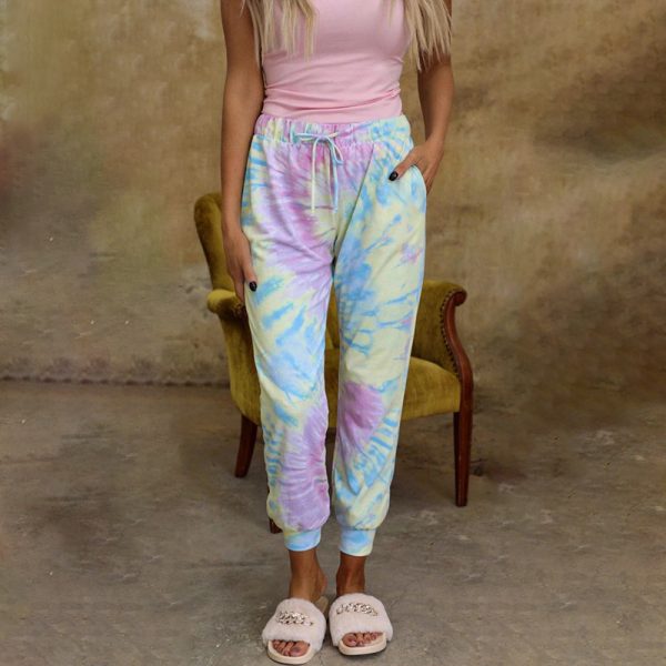 Women's Tie-Dyed Printed Loose Leggings: Mid-Waist Lace-Up Casual Pants