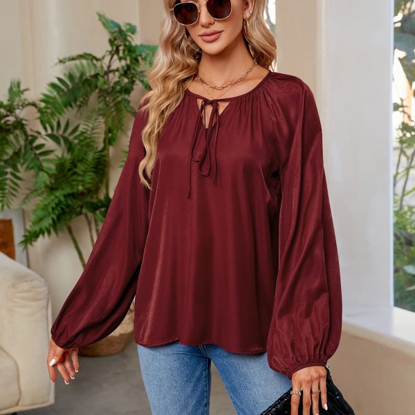 V-Neck Lace-Up Satin Silk Top: Women's Loose Style