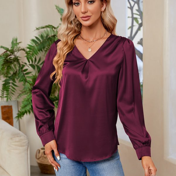 V-Neck Pleated Satin Top: Women's Casual Office Wear