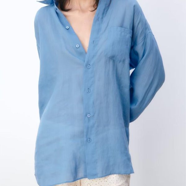 Spring Women Collared Pocket Long Sleeve Loose Shirt Top