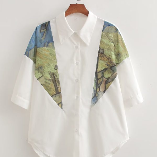 French All Match Stitching Printing Loose Casual Long Sleeves Shirt