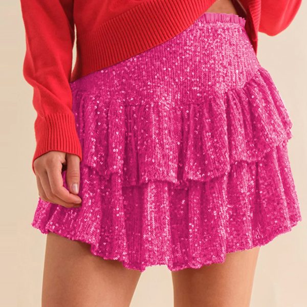 Sexy Sequin Skirt Women Autumn Sexy Skirt Solid Color Pleated Skirt