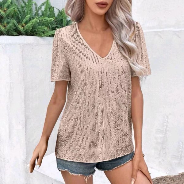 Popular Sexy Sequined V-Neck T-Shirt: Women's Summer