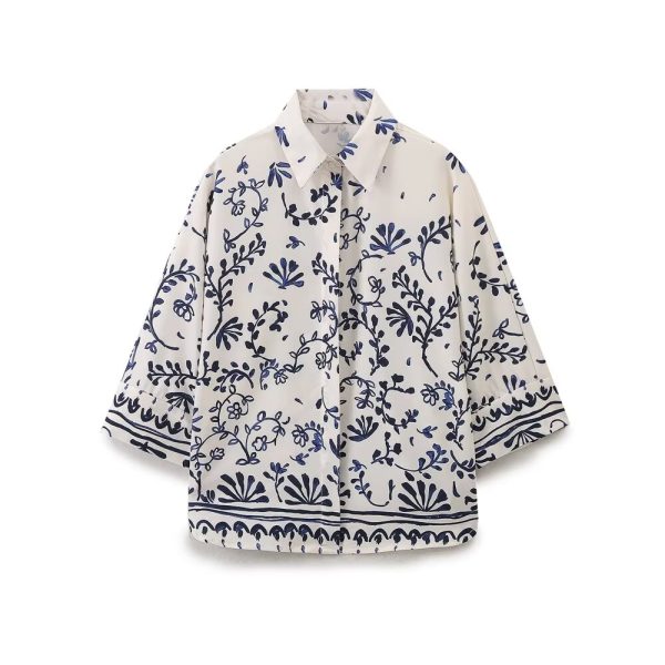 Women's French Printed Kimono Long Sleeve Casual Shirt