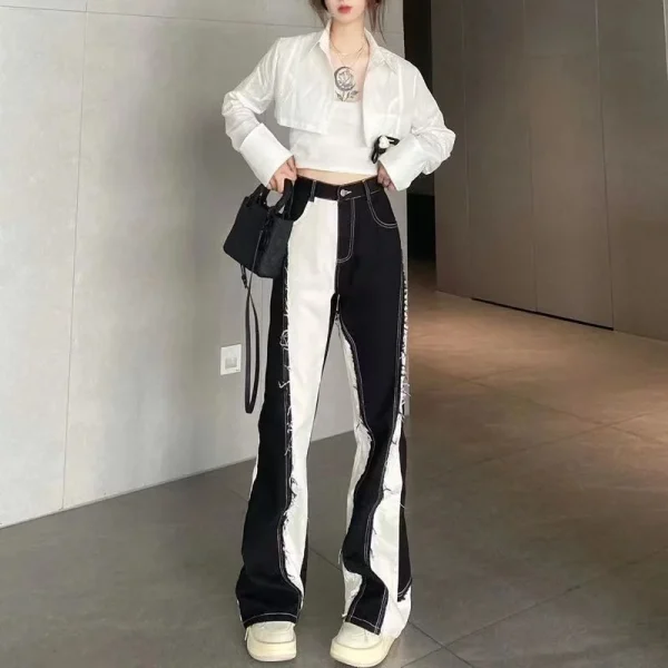 American-Retro-Fashion-Y2k-Streetwear-Black-And-White-Color-Contrast-High-Waist-Baggy-Jeans-Femme-Straight-1