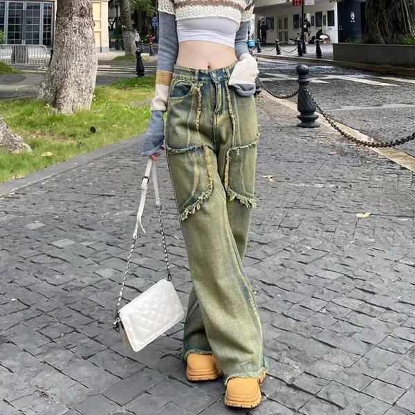 Autumn-Vintage-Streetwear-Wash-Rough-Edge-Straight-Tube-Splicing-Women-Jeans-High-Street-Wide-Leg-Denim-1