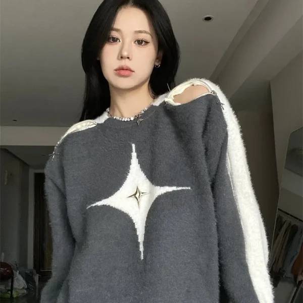 Contrast Star Off-Shoulder Loose Pullover Long Sleeve Top