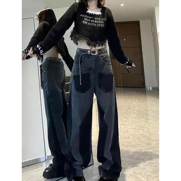 High-Street-Retro-Multiple-Pockets-High-Waist-Thin-Irregular-Straight-Baggy-Jeans-Women-Autumn-Winter-Black-1