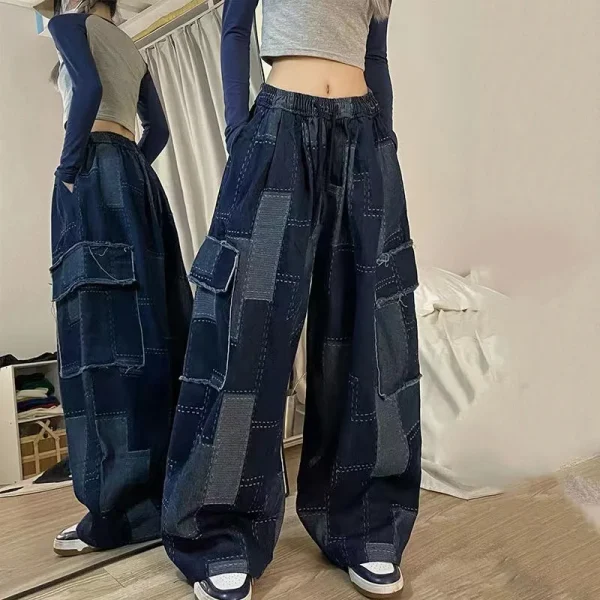 Jeans-2023-Woman-Japanese-Chic-Wide-Leg-Pants-Vintage-Patchwork-Plaid-Pocket-Trousers-Streetwear-Y2k-Clothes-1