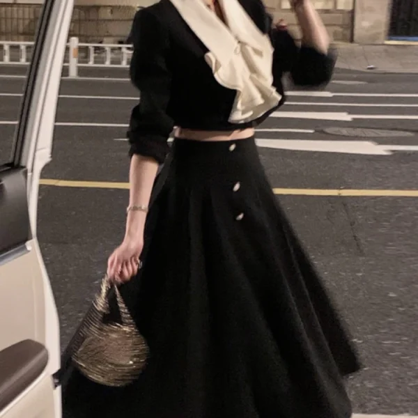 Long Sleeve Crop Tops + Casual Black Midi Skirt  2 Piece Dress