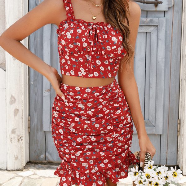 Women's Swimsuit Set: Small Floral Skirt with Chest Cup Strap Vest Top