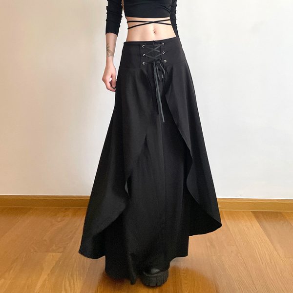 Dark Street Cool Eyelet Lace up Waist Controlled Asymmetric Skirt