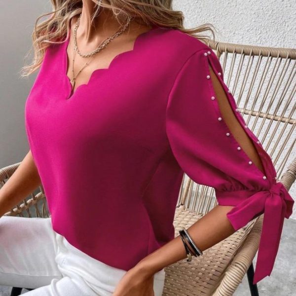 V-Neck Top with Hollow Out Shoulder: Foam Beads Lace-Up Sleeves