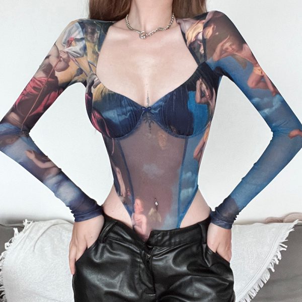 Oil Painting Mesh Jumpsuit: Sexy Slim Fit