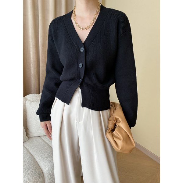 Fashionable Relaxed Feeling Early Autumn Gentle French Slit Elegant V Neck Waist Trimming Knitted Cardigan